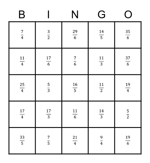 Mixed Numbers to Improper Fractions Bingo Card