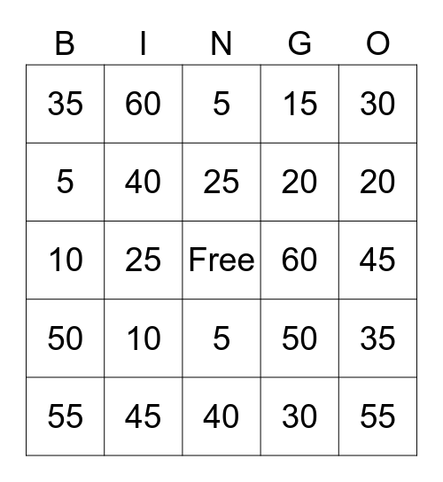 5x Tables Bingo Card