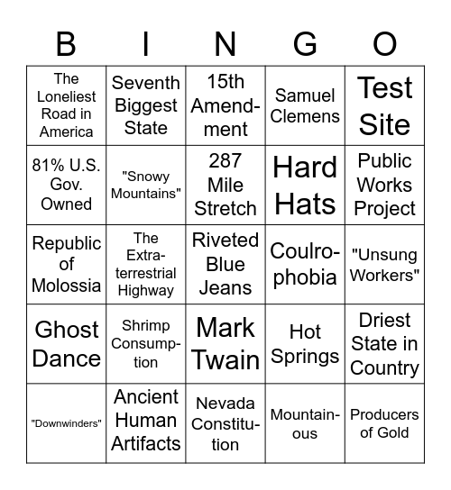 Nevada Lesser-Known Facts Bingo Card