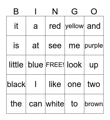 Sight Words Bingo Card