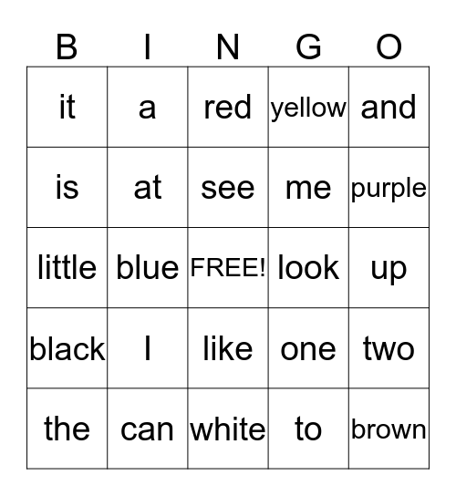 Sight Words Bingo Card