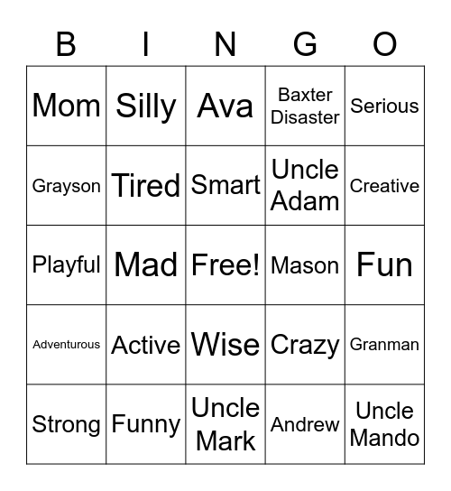 Family Bingo Card