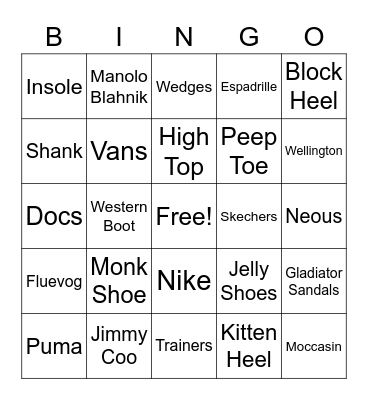 Shoes Bingo Card