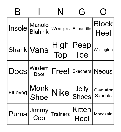 Shoes Bingo Card