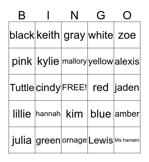 names and colors. Bingo Card