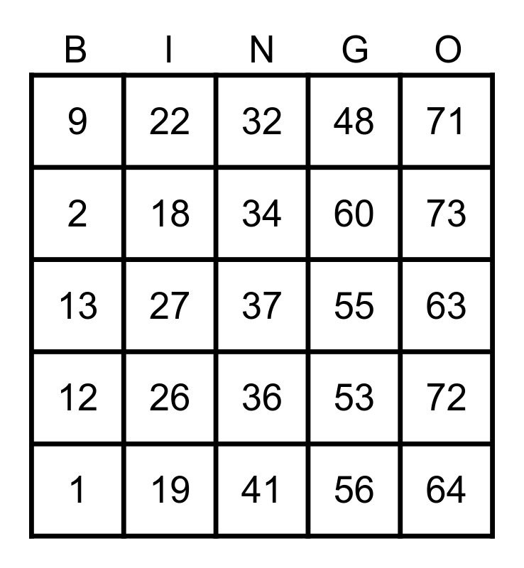 Bingo Card Standard Size