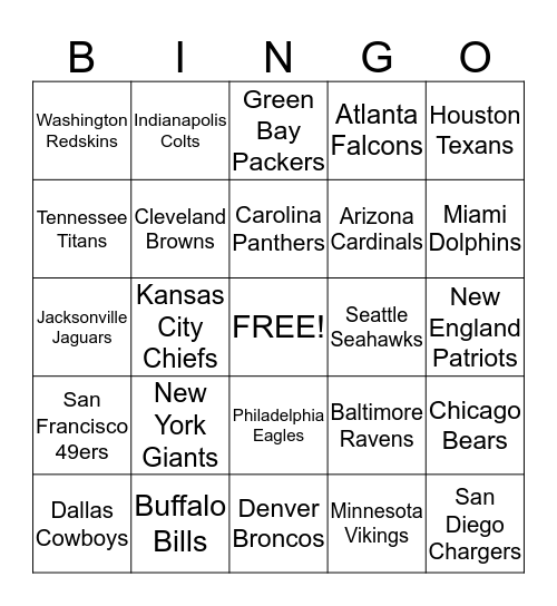 NFL BINGO Card