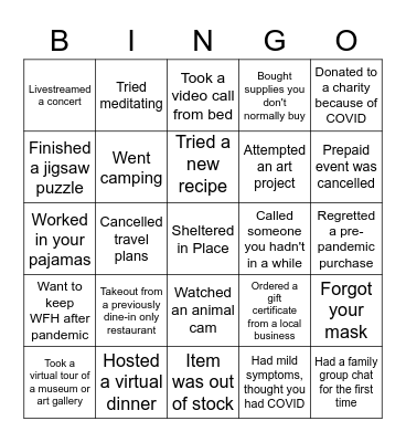Pandemic Bingo Card