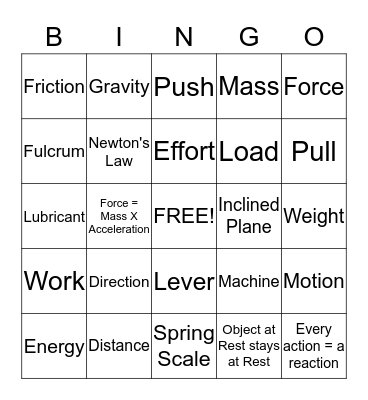 Force and Motion Bingo Card
