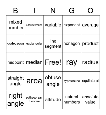 MATH BINGO Card