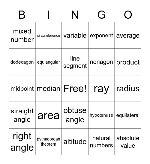 MATH BINGO Card