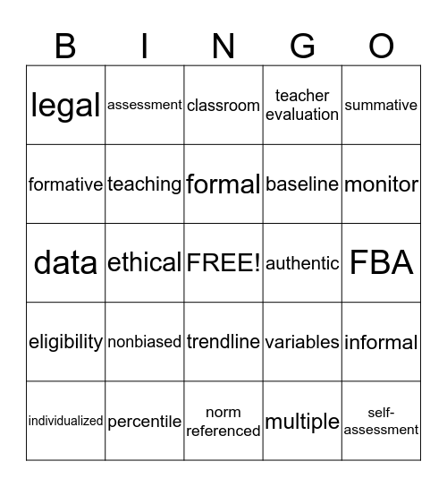 Assessment Bingo Card