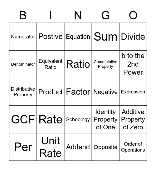 Friday 9-18-2020 7th Grade Math Bingo Card