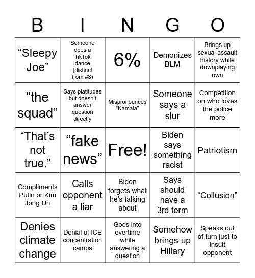 Presidential Debates Bingo Card