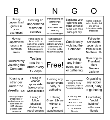 Campus Compact Violation Bingo Card