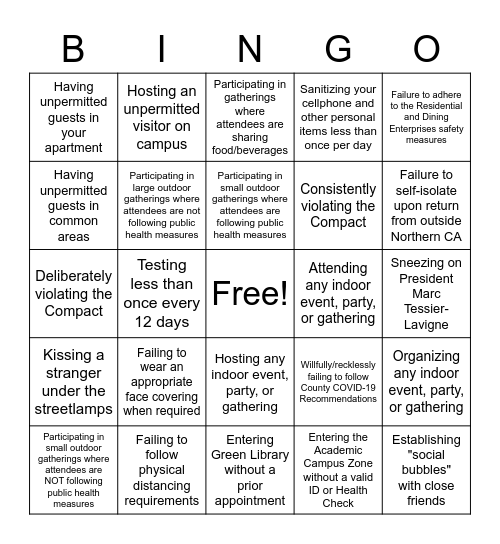 Campus Compact Violation Bingo Card