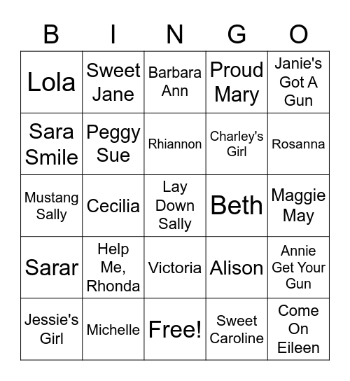 Female Names Bingo Card
