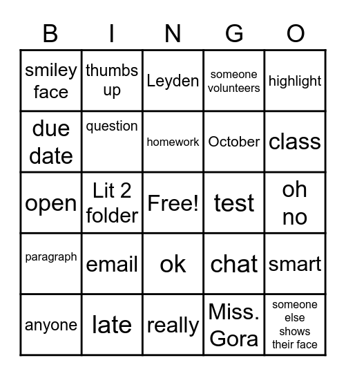 Literacy Class Bingo Card