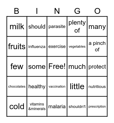 UNIT 2 STAYING HEALTHY Bingo Card