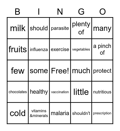 UNIT 2 STAYING HEALTHY Bingo Card