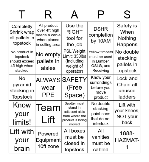 Safety Bingo Card