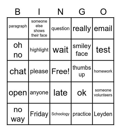 Literacy Class Bingo Card