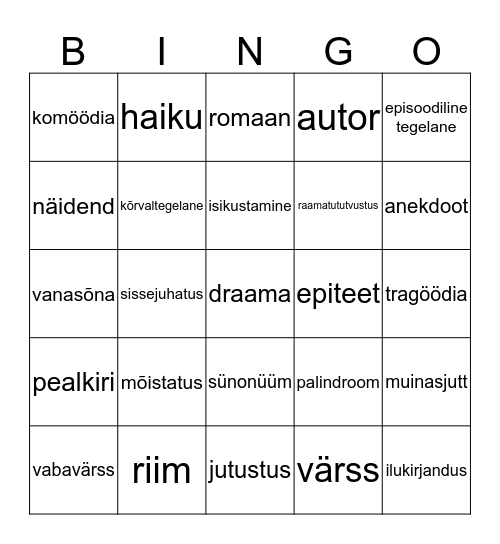 Kirjanduse mõisted Bingo Card