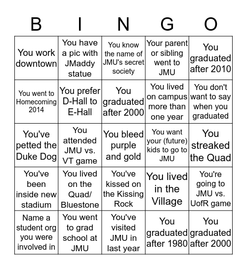 JMU RVA Networking Bingo Card
