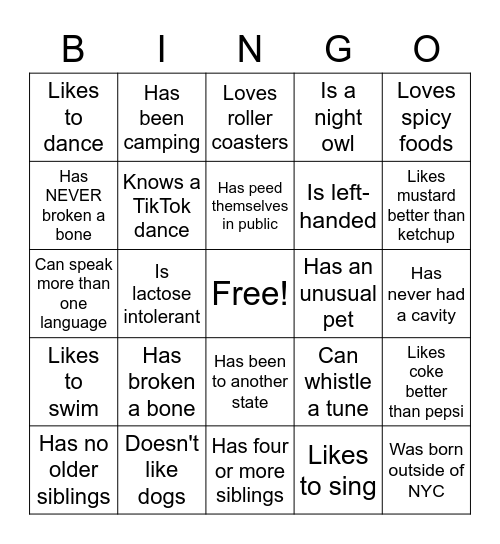 Get to Know You Bingo! Find someone who.... Bingo Card