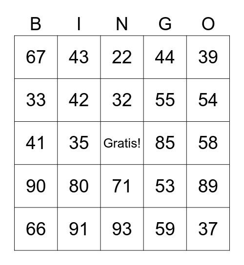 Number Bingo 20-100! Bingo Card