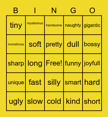 adjective Bingo Card