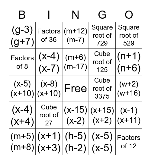 Factoring Bingo Card
