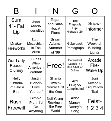 Total-Quiz.com Presents Radio Bingo: Oh, Canada Bingo Card