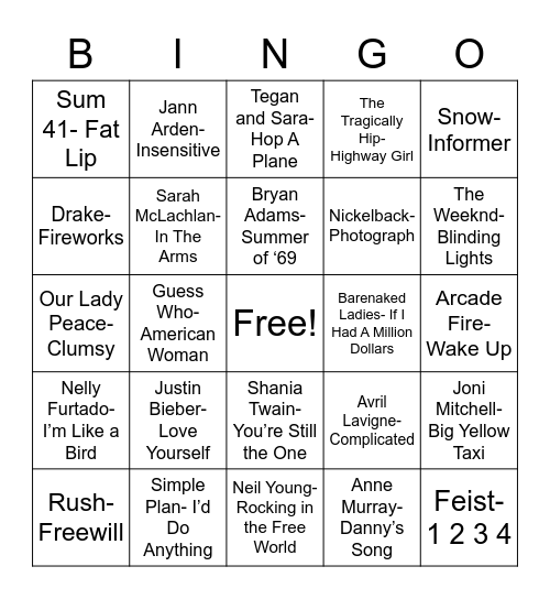 Total-Quiz.com Presents Radio Bingo: Oh, Canada Bingo Card