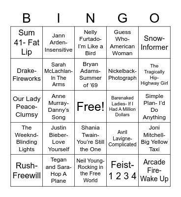Total-Quiz.com Presents Radio Bingo: Oh, Canada Bingo Card