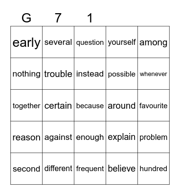 Gold 71 Bingo Card