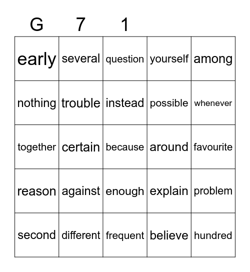 Gold 71 Bingo Card