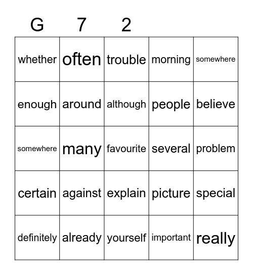 Gold 72 Bingo Card