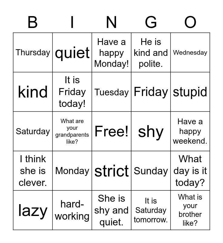 What Day Is It Today Bingo Card