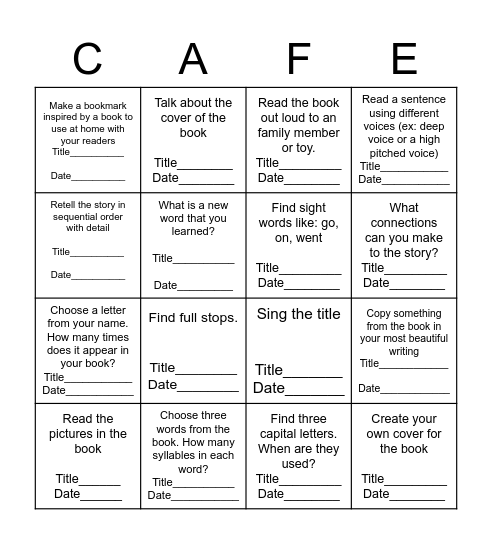 K2 KoD Reading Cafe Bingo Options 2 Bingo Card