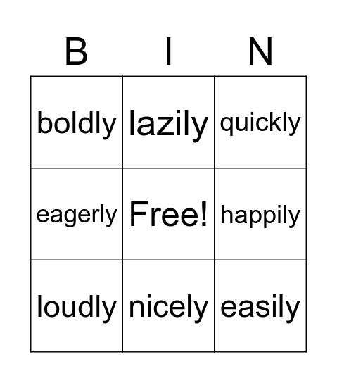 Adverbs Bingo Card