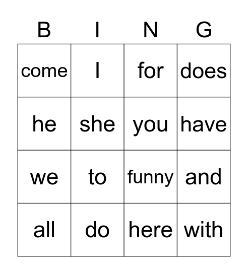 Harcourt Grade 1 Weeks 1-4 Bingo Card