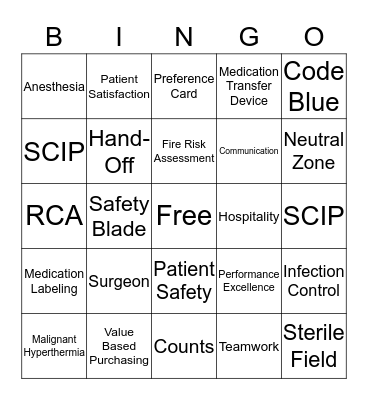 Perioperative Week Bingo Card