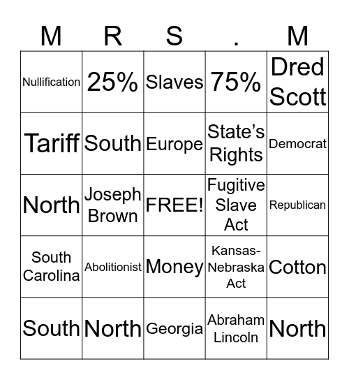 Lead up to Civil War Bingo Card