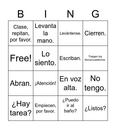 Mandatos de la Clase Bingo Card