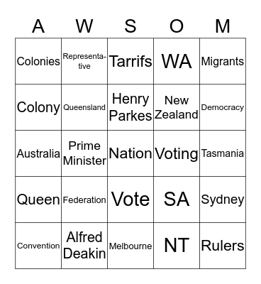 Zac's Australian Federation Bingo Card