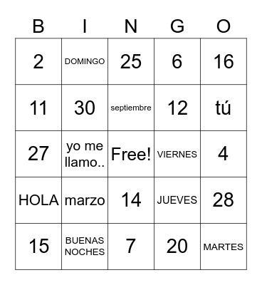 Greetings/goodbyes/days/numbers Bingo Card