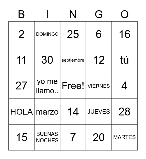 Greetings/goodbyes/days/numbers Bingo Card