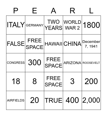 Pearl Harbor Bingo Card