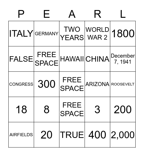 Pearl Harbor Bingo Card